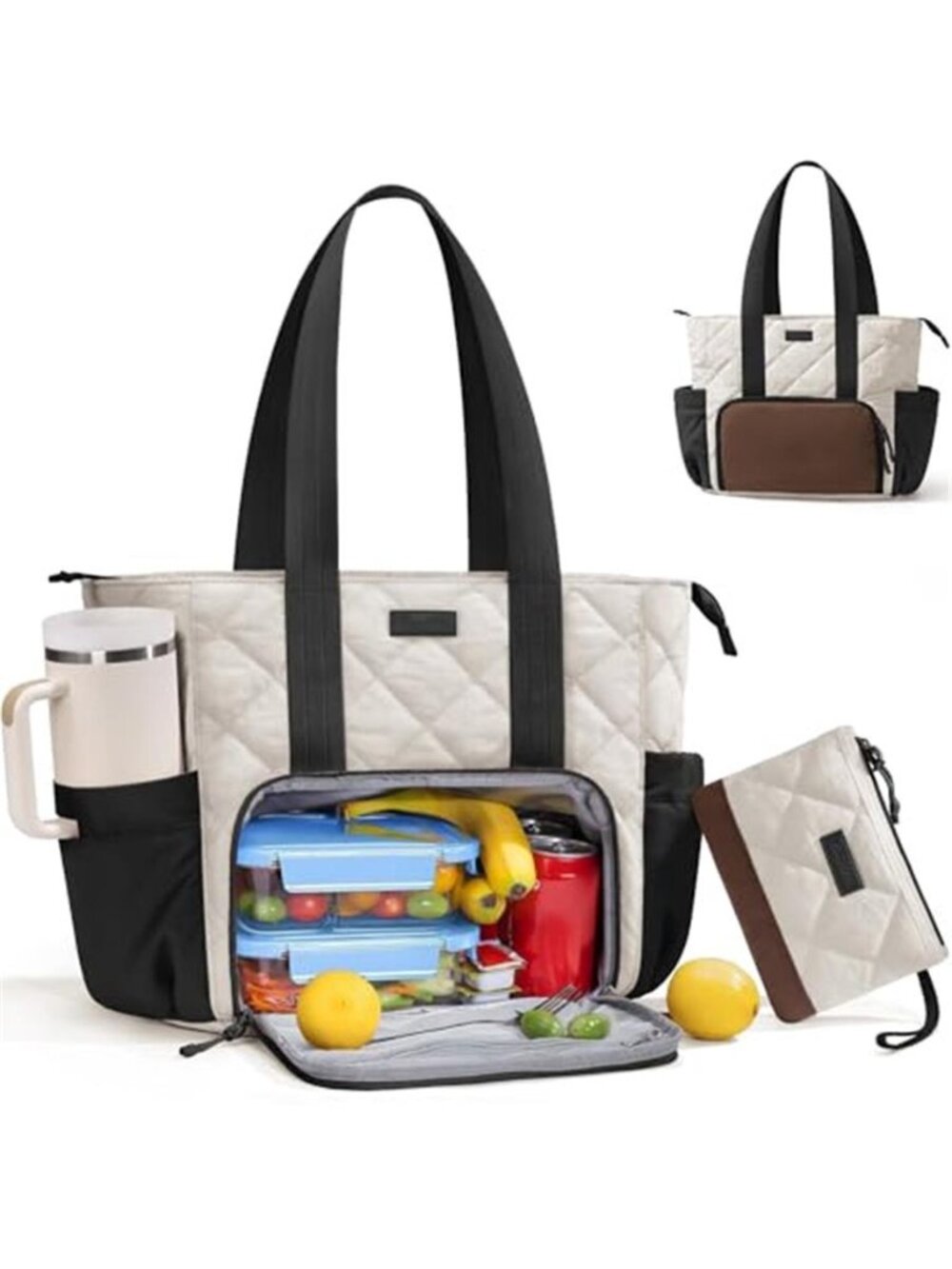 Puffer Lunch Tote Bag for Women, 15.6 Inch Laptop Work Bag with Insulated Lunch